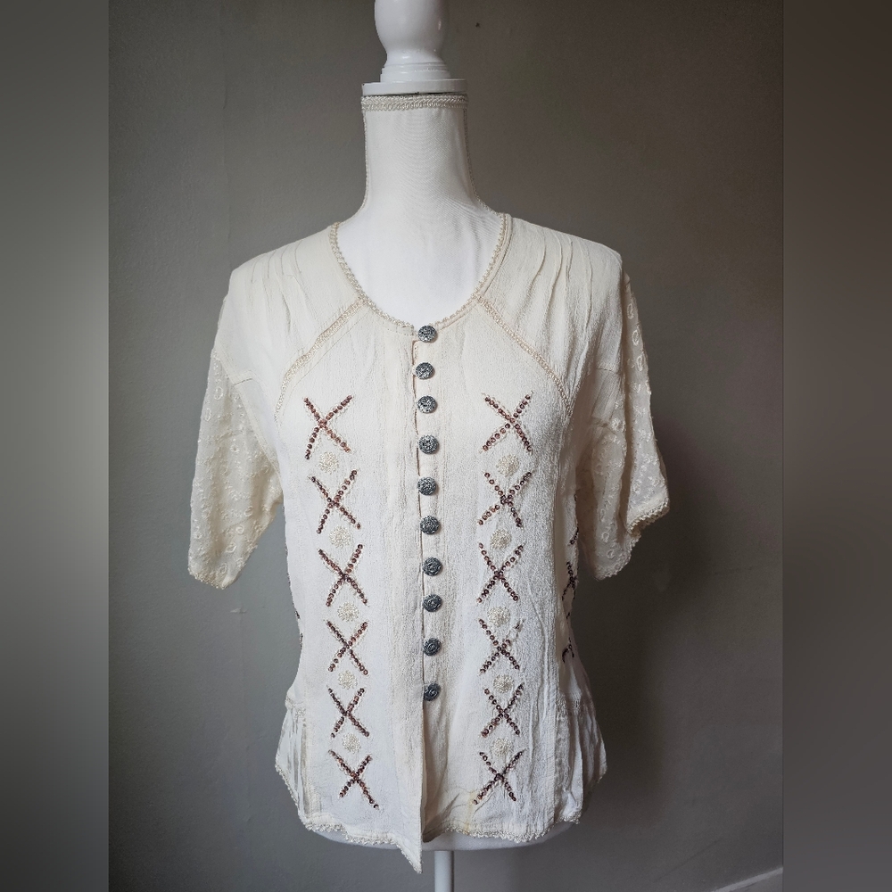 L Pogee Embroidered Cream Button-Up Top